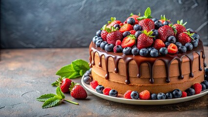 Poster - Delicious cake with chocolate icing and fresh berries, dessert, sweet, homemade, bakery, pastry, celebration, birthday, treat