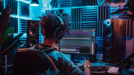 Poster - A man wearing headphones sits in front of a computer mixing audio in a home studio. The room is lit by blue and white lights, and the walls are covered in acoustic panels.