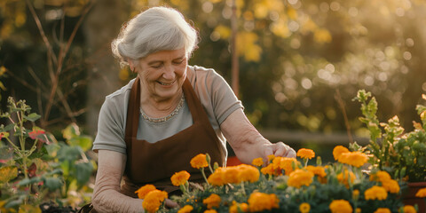 Wall Mural - Beautiful senior lady working in the garden. Landscape designer at work. Smiling elderly woman gardener caring for flowers and plants. Hobby in retirement.