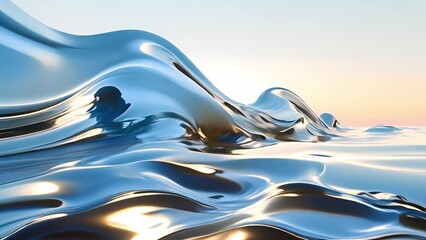 Abstract 3d rendering, wavy iridescent metallic shape above the water with reflection. Modern unique wallpaper	