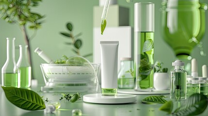 Green Beauty Product Display with Natural Elements