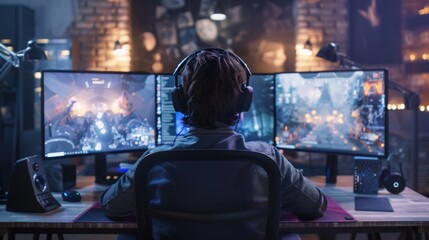 Poster - A person wearing headphones is playing a video game on three monitors in a dimly lit room.