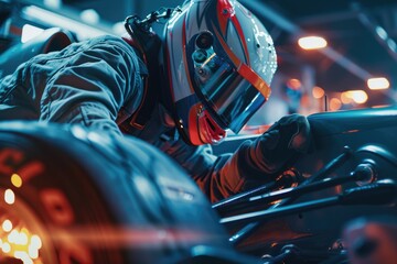 A mechanic is intently working on an engine in a modern, well-equipped workshop, wearing safety gear. AIG58