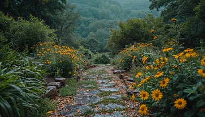 Wall Mural - AI-generated illustration of peaceful garden pathway surrounded by lush greenery and vibrant flowers