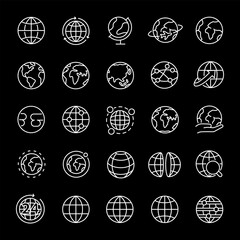 Wall Mural - globe, white line icons. earth, map planet. symbols on black background. editable stroke.
