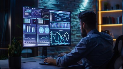 Fototapete - A man at a desk studies charts on a computer screen intently in a dimly lit room for a professional setting.