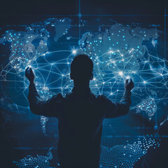 Global network connection and big data concept illustrated by a man touching a digital screen displaying an illuminated world map against a blue background.