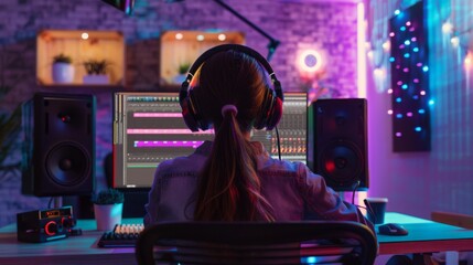 Poster - A woman sits in front of a computer, wearing headphones and working with audio mixing software. The room is lit with colorful lights.