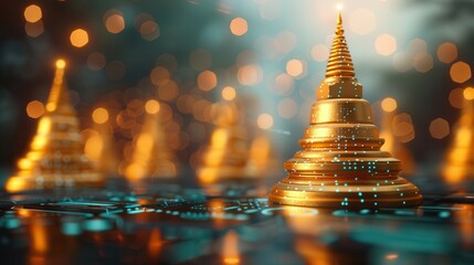 Wall Mural - Golden Pagoda with Bokeh Lights.