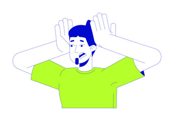 Poster - Shocked european male clutching head 2D linear cartoon character. Caucasian guy with panic attack isolated line vector person white background. Dealing with stress color flat spot illustration
