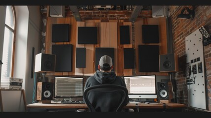 Poster - A man sits at a desk in a home studio, working on a computer with multiple monitors and sound equipment. There are acoustic panels on the wall behind him.