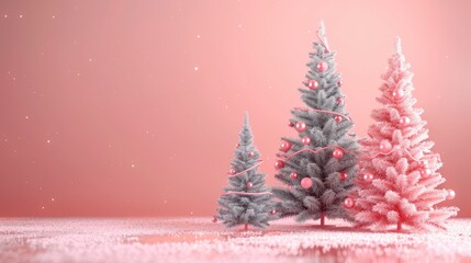 A picturesque scene of three Christmas trees, two frosted and one pink, all adorned with fairy lights, set in a serene winter wonderland with gentle snowfall.