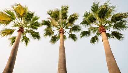 Wall Mural - three isolated coconut palm trees on a white background creating a great summer vibe with copy space image