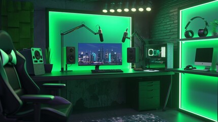 Poster - A gaming setup with a desk, chair, and computer. The desk is lit with green LEDs. There is a gaming chair and two microphones on the desk.