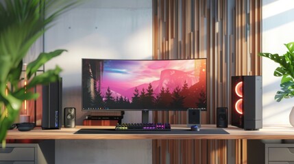 Aufkleber - A modern home office desk with a curved monitor, a keyboard, a mouse, two speakers, and a desktop computer tower. The desk is made of wood and has a plant on the right side.