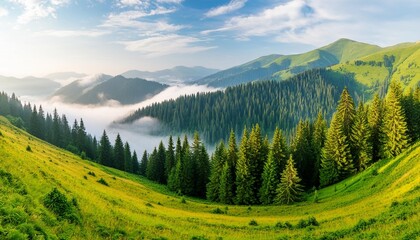 Wall Mural - foggy spruce forest woodland panoramic landscape mountain hills foggy woodland carpathian green mountains ukraine