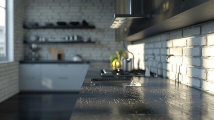 A close-up of the interior of a contemporary kitchen featuring white brick walls and dark gray counters