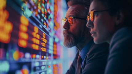 Poster - Manager and employee discussing work plan on tablet, stock market and financial trading themes, professional environment