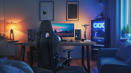 Poster - A gaming setup with a black leather gaming chair, a large monitor, speakers, a desk, and a computer tower with blue LED lighting. A couch sits in the background.