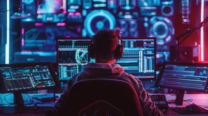 Poster - A hacker sits in front of multiple computer monitors, working late at night. The screens are filled with code and other technical information.