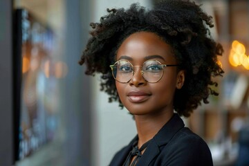 Wall Mural - Beautiful African American businesswoman with stylish eyeglasses video conferencing with holographic screens in futuristic office setting.