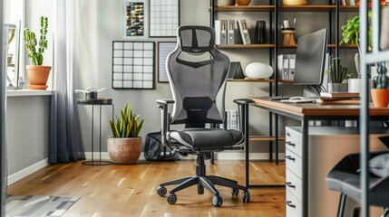 Poster - In a home office, a sleek ergonomic chair with mesh back and black upholstery sits in front of a wood desk with a black metal frame, holding a computer and office supplies.