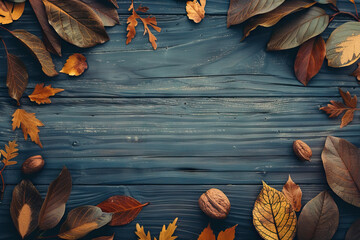 Sticker -  rustic autumn composition featuring various leaves and walnuts arranged around a blue wooden background, creating a charming and picturesque scene perfect for the fall season