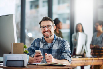 Aufkleber - Phone, smile and portrait of man at desk with online chat, research and networking on social media. Communication, digital agency and happy designer in office with smartphone, scroll and mobile app