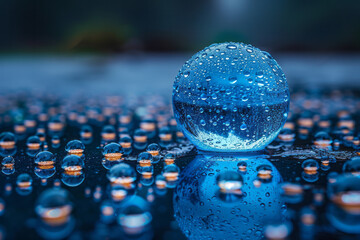 Poster - Pristine blue ball with glistening water droplets, symbolizing the conservation of water and environmental stewardship,