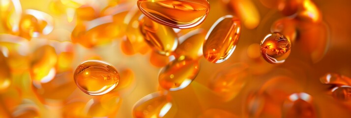 Aufkleber - Floating orange gel capsules with a warm and sunny background. Ideal for vitamin supplements.