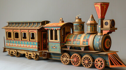 Wall Mural - A cardboard box train, painted and decorated with wheels, windows, and a smokestack.