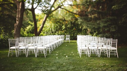 beautifu wedding or ceremony set up in garden white chairs