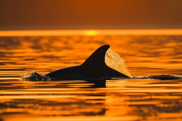 Wall Mural - The dorsal fin of a coastal botlenose dolphin breaks the surface of the water in an estuary along the North Carolina coast as the orange glow of the sunset paints the waters around the dolphin.