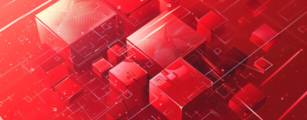 Poster - Red geometric background with red squares and shapes, vector illustration in the style of dark color palette, isometric perspective, high resolution, hyper quality,