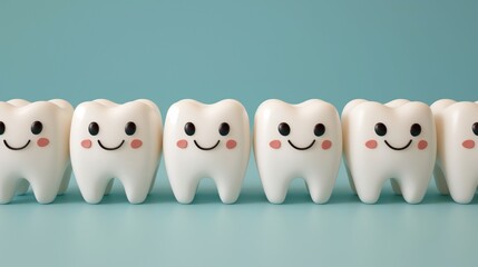 Wall Mural - A row of happy smiling healthy teeth on a blue background. Concept of dentistry and healthy teeth 