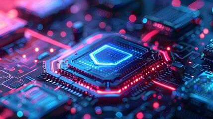 Close-up of a futuristic microchip on a motherboard with glowing lights, representing advanced technology and digital innovation.