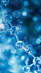 Poster - Close-up of blue molecular structure with dark background. Scientific concept of biotechnology and innovation.