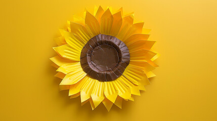 Wall Mural - A paper plate sunflower craft, with yellow petals and a brown center made from seeds.