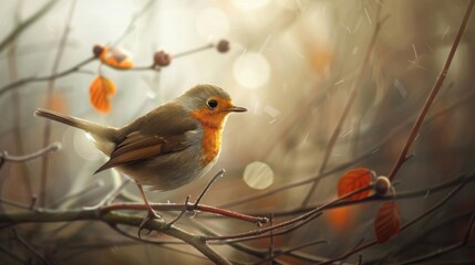 Poster - A robin perched on a branch, wings slightly spread as it prepares for flight.
