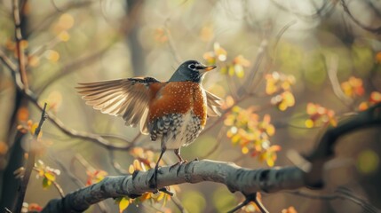 Poster - A robin perched on a branch, wings slightly spread as it prepares for flight.