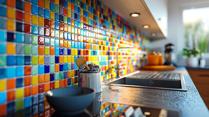 Wall Mural - A vibrant mosaic tile backsplash being installed in a modern kitchen.