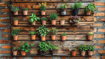 Wall Mural - A wall-mounted herb garden made from recycled wooden pallets, with various herbs in small pots.