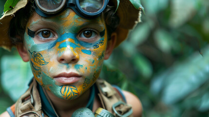 Wall Mural - A young boy with a jungle explorer face paint, featuring camouflage patterns, binoculars around the neck, and a leafy hat.