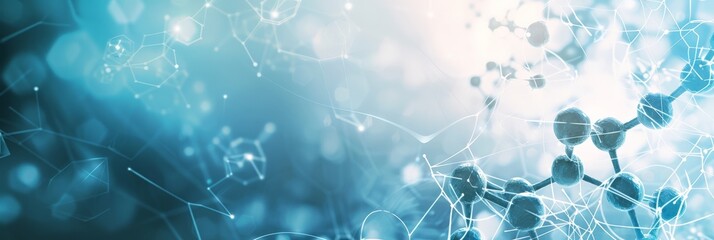 Poster - Abstract molecular structure on a dark blue bokeh background. Perfect for scientific and healthcare themes. Concept of medical and pharmaceutical research.