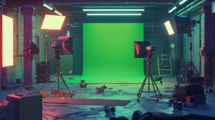 Wall Mural - A green screen studio set up with lighting equipment, including a large green screen, tripods, and lights.