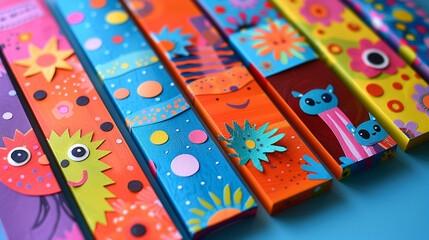 Wall Mural - Handcrafted paper bookmarks with whimsical designs, cut from colorful computer paper and personalized with drawings and stickers.