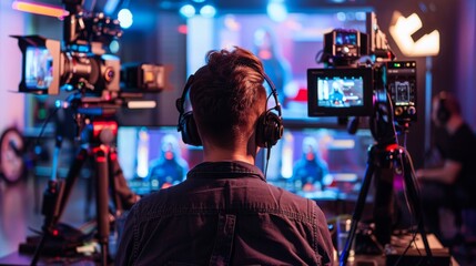 Poster - A man wearing headphones sits in front of a computer screen, monitoring multiple cameras in a brightly lit studio.
