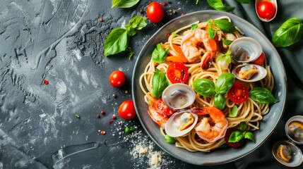 Poster - A seafood pasta dish with spaghetti, clams, shrimp, cherry tomatoes, and basil in a white wine sauce.