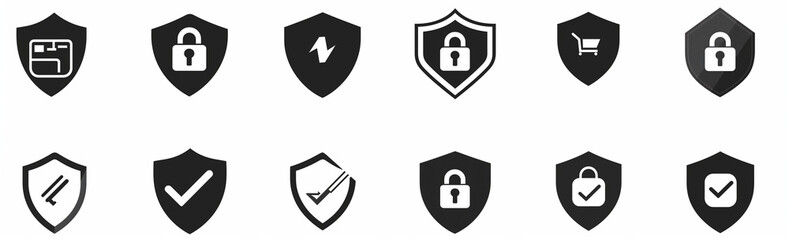  black and white security icons on an isolated background, a shield with a lock symbol as part of a vector set collection of modern simple design elements for web or mobile app use