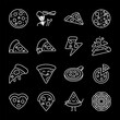 © Matsabe - Pizza, white line icons. Different shapes and slices of pizza, perfect for culinary and food service themes. Symbols on black background. Editable stroke.